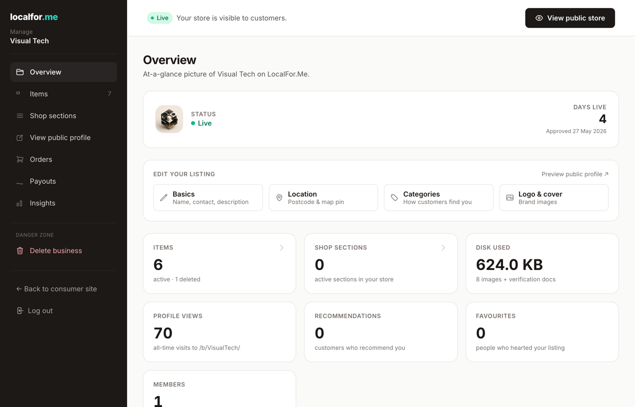 Your business dashboard — an at-a-glance overview with quick links.
