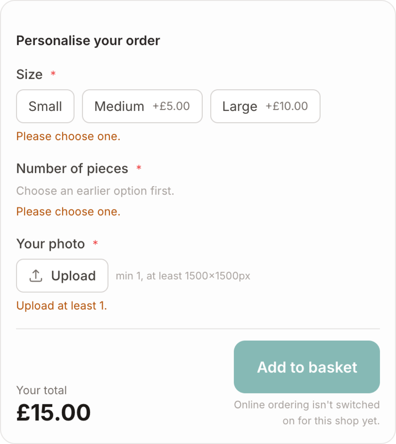 A buyer personalising a custom item — options, a running total, and the add-to-basket button.